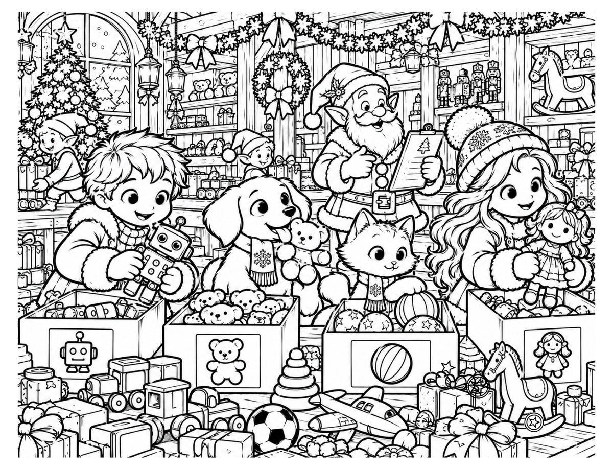 Christmas coloring preview: friends in the toy workshop