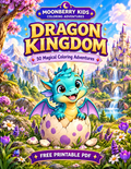 Colorful Dragon Kingdom free printable PDF cover with a teal baby dragon hatching near a magical castle