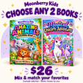 Moonberry Kids choose any 2 books for $26; example Amazing Animals and Magical Unicorn books.