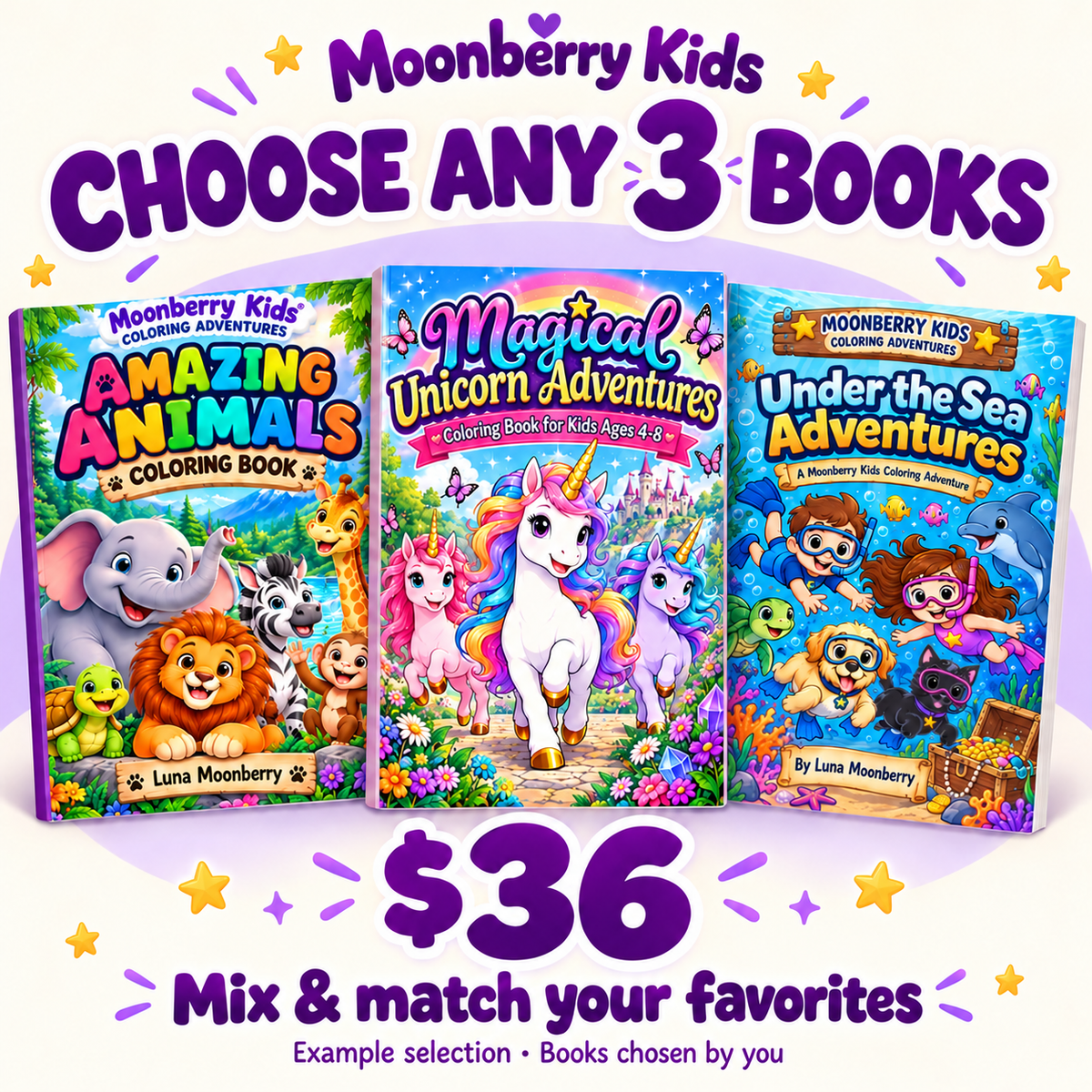 Moonberry Kids choose any 3 books for $36; example book selection chosen by you.
