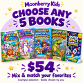 Moonberry Kids choose any 5 books for $54; five example coloring book covers, books chosen by you.