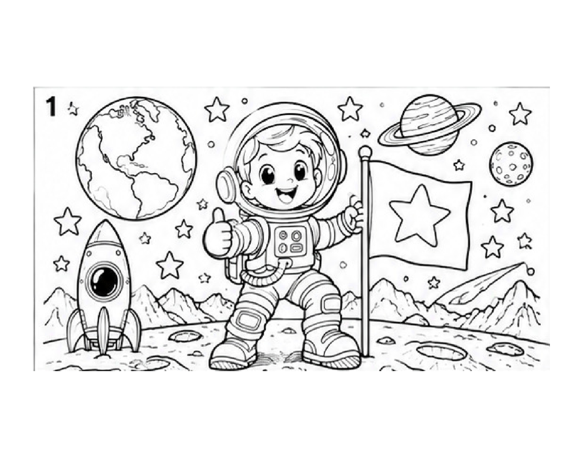 Interior preview: young astronaut with a flag on the moon