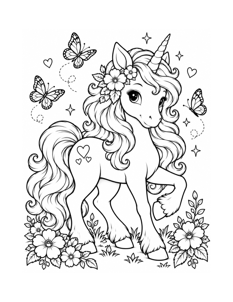 Actual coloring page: unicorn with butterflies