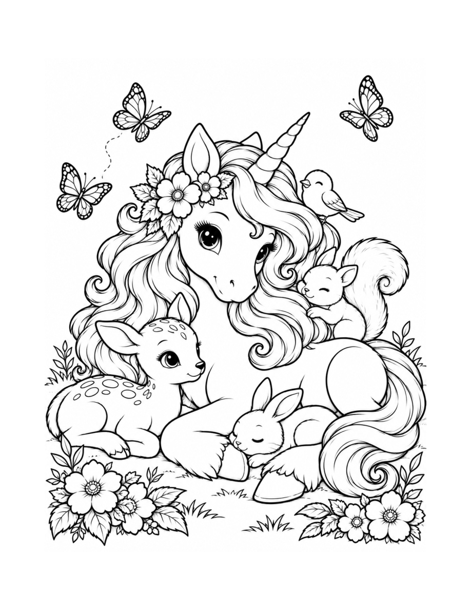 Actual coloring page: unicorn with woodland friends